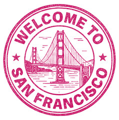 Rubber stamp design featuring the Golden Gate Bridge and the words Welcome to San Francisco for travel enthusiasts
