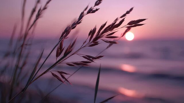 Little grass stem close-up with sunset over calm sea, sun going down over horizon. Pink & purple