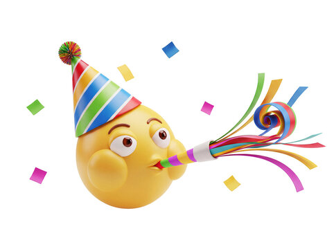 Funny yellow emoji with party hat and noisemaker isolated PNG, festive celebration emoticon on transparent background