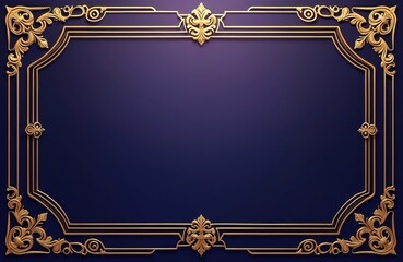 Elegant golden ornate frame with floral elements on a deep blue background. Decorative border design for invitations, cards or luxury certificates. Classic victorian style.