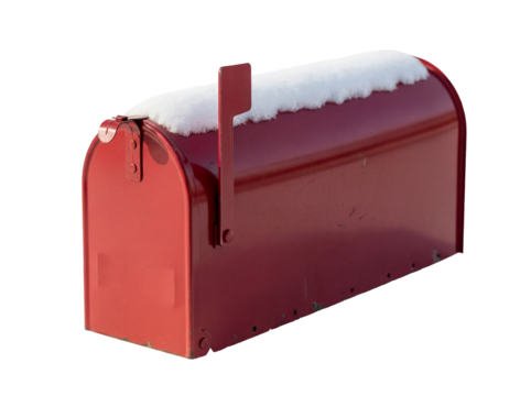 Red metal mailbox with snow isolated PNG, rural postal box for mail delivery on transparent background, winter season