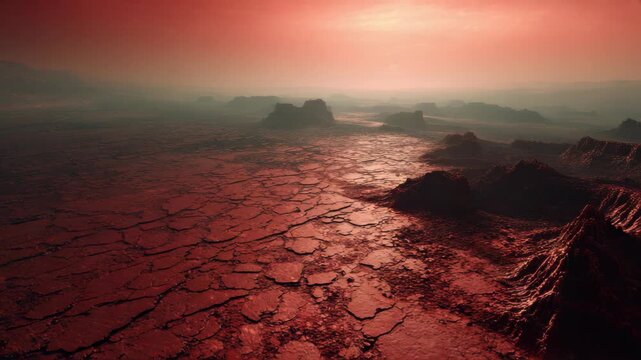 Long cinematic drone shot of Proxima Centauri B's surface. Vast, cracked red soil stretching into the horizon, with occasional jagged rock formations under a dim red sky