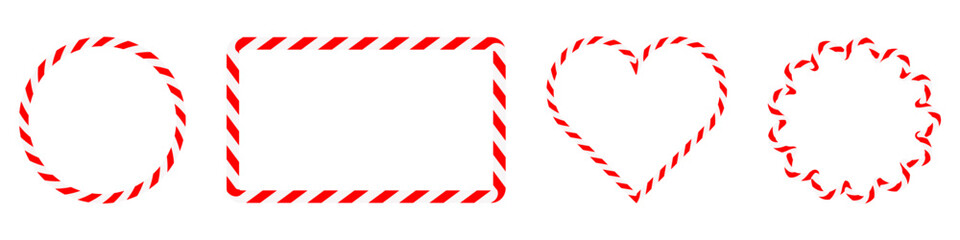 Fototapeta na wymiar Collection red and white candy cane striped geometric outlines, including circle, rounded rectangle, heart and scalloped circle.Festive set for Christmas design, holiday decor