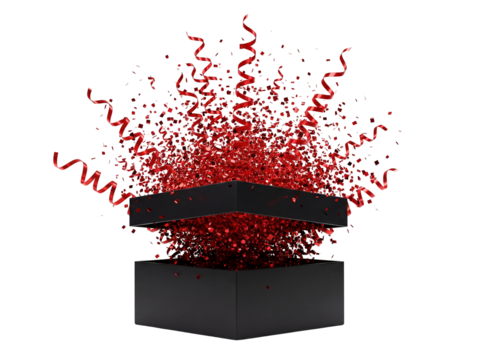 Black gift box with red confetti PNG isolated on transparent background, surprise celebration present for birthday and special occasions