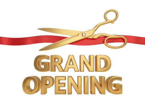 Golden scissors cutting red ribbon isolated PNG, grand opening celebration design element on transparent background, business success concept