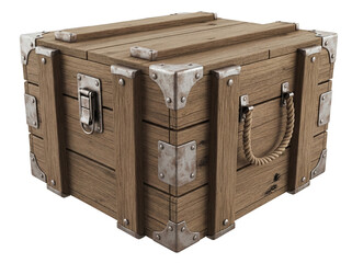 Old wooden crate PNG isolated on transparent background, vintage box with metal corners and rope handle for storage and treasure