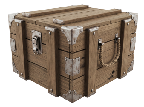 Old wooden crate PNG isolated on transparent background, vintage box with metal corners and rope handle for storage and treasure - Powered by Adobe