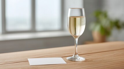 minimalist celebrate 2026 A glass of sparkling drink on a wooden table with a blank card and a green plant in the background.