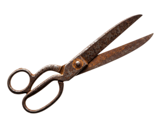 Old rusty metal scissors isolated PNG on transparent background, vintage tailor tool for cutting and crafting projects