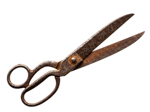 Old rusty metal scissors isolated PNG on transparent background, vintage tailor tool for cutting and crafting projects