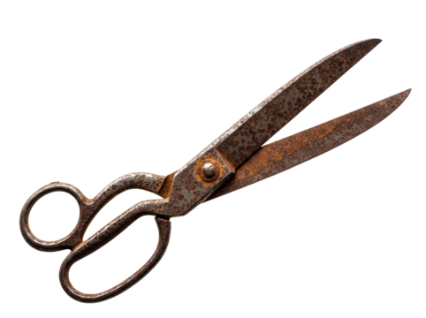 Old rusty metal scissors isolated PNG on transparent background, vintage tailor tool for cutting and crafting projects