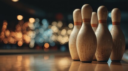 Five wooden bowling pins arranged in a row on a polished lane. The background features blurred lights, creating a vibrant atmosphere.