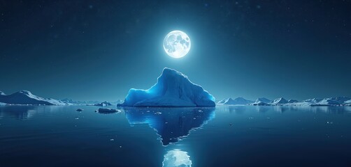 Giant blue iceberg floats on calm ocean water under bright full moon and starry sky. Snow covered mountains are visible on horizon. Tranquil arctic night scene.