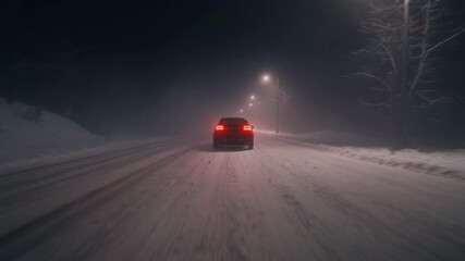 Car driving on snowy road at night under streetlights winter conditions - Powered by Adobe