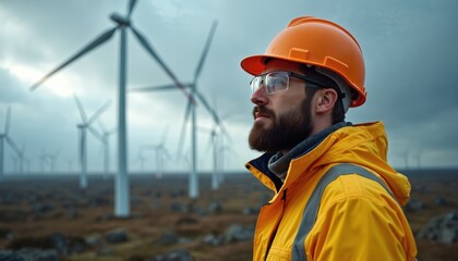 Wind farm worker with hardhat, glasses looks at wind turbines. Engineer monitors alternative energy. Eco tech pro observes windmills farm. Man works at green electric power station. Windmill