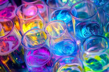 Vibrant liquid patterns in glass containers with kaleidoscope colors