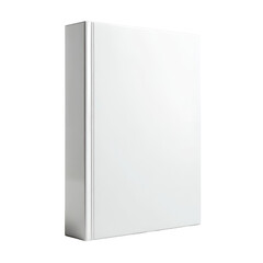 A 3D render of a hardcover book with a blank, bright white cover. Spine is visible, suggesting side view. High-key lighting