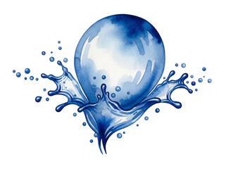 Watercolor blue sphere with splash isolated PNG, artistic water ball with droplets on transparent background, liquid element for design