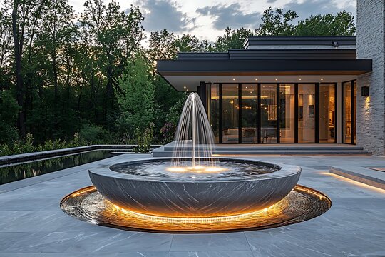 Modern architectural home with large windows and a sleek water feature Image