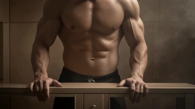 Dramatic portrait of a shirtless muscular athlete with a powerful physique, showcasing his chiseled six-pack abs and strong arms