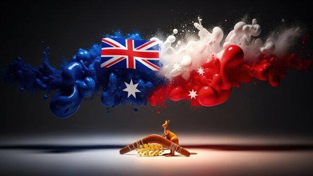 Australian flag bursting with vibrant colors, celebrating national pride. A proud kangaroo stands near a boomerang and wheat stalks, symbolizing heritage. Dynamic, festive, and iconic.