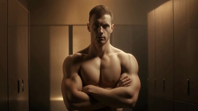 A powerfully built athlete with a toned torso and defined muscles stands with folded arms in a locker room before a workout