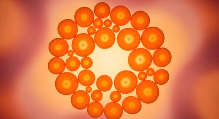 Circular arrangement of orange spheres on a gradient background creating a visually appealing pattern