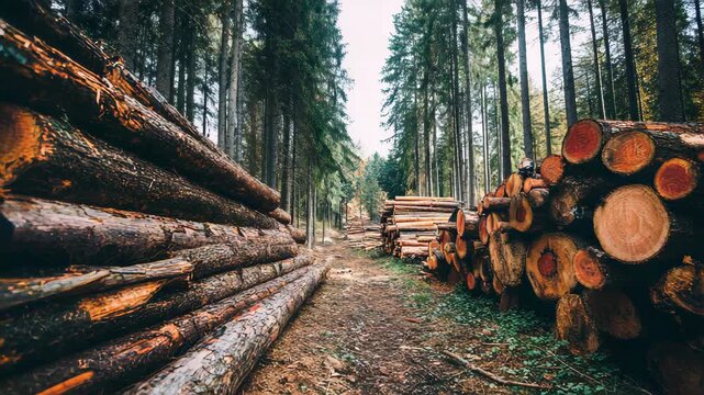 Lumber in the forest, cut wooden logs in the stack. Logging, harvesting wood for fuel and firewood