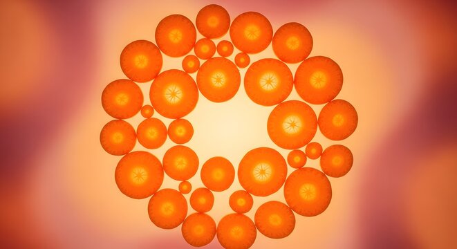 Circular arrangement of orange spheres on a gradient background creating a visually appealing pattern - Powered by Adobe