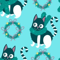 Cartoon funny cats seamless Christmas pattern for wrapping paper and kids clothes print and festive packaging