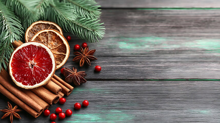 Cozy christmas scene with cinnamon and dried oranges festive atmosphere holiday decor natural elements