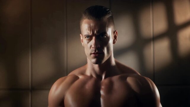 Portrait of a powerful and muscular athlete with an intense gaze, standing unmoving in dramatic lighting, showcasing his defined physique