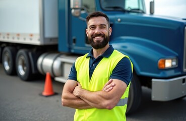 Smiling bearded man in yellow safety vest poses near a semi truck. Truck driver with crossed arms. Pro truck driving school training. Career change concept logistic transportation.
