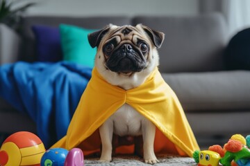 Adorable pug in yellow cape surrounded by colorful toys