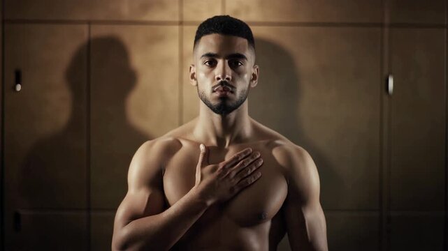 Confident muscular man showing respect with his hand over his heart, frozen in a powerful athletic stance with dramatic shadows