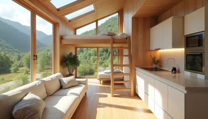 Bright tiny house interior cosy loft bed, large windows offering scenic mountain views. Minimalist design features natural wood, light kitchen, comfortable living space. Sustainable habitat blends