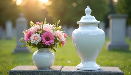 White cremation urn and fresh flowers rest on tombstone at graveyard during sunset. Peaceful memorial setting honors departed loved ones. Soft light illuminates poignant scene.