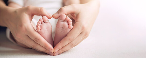 Clasped hands of a mother forming a heart shape around newborn baby's feet, as a symbol of love, care, tenderness, copy space