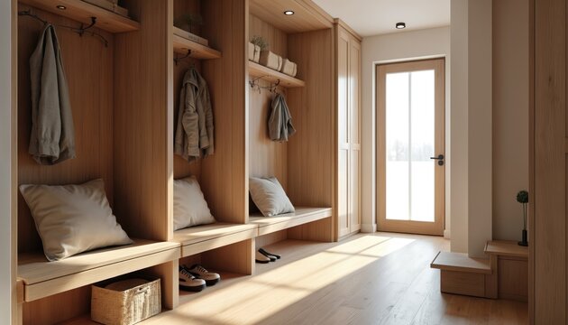 Bright modern hallway mudroom interior features built-in wooden furniture. Natural light fills cozy entryway with storage benches, soft pillows, hanging coats, shoes, woven baskets. Home entrance