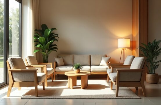 Bright modern interior with minimalist wooden furniture. A waiting area with sofa armchairs plants and table. Warm lighting creates cozy atmosphere. Large window provide natural light in the room.