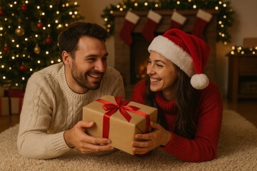 Couple enjoying Christmas joy while exchanging a beautifully wrapped gift in a cozy living room adorned with festive decorations