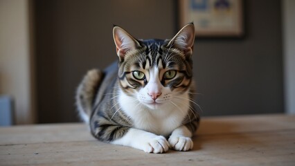 A tabby cat with green eyes and white paws rests on a wooden surface, looking directly at the camera. The background is blurred.