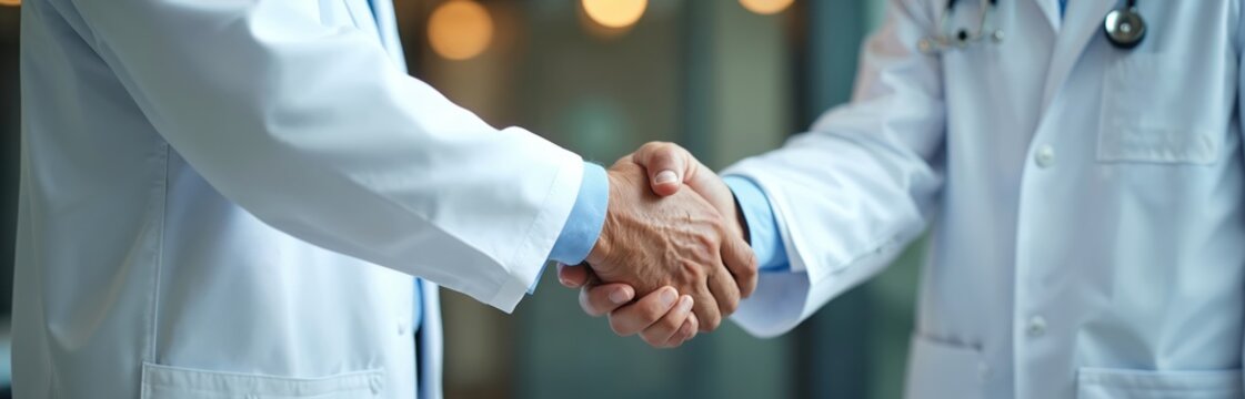 Two medical professionals greet each other with firm handshake. Doctors in white coats show unity symbolizing teamwork and agreement. Collaboration reflects professional medical support in healthcare.
