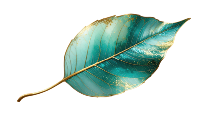 A stunning, isolated leaf displays turquoise and gold hues, highlighted by fine gold outlines and intricate vein details against a dark background