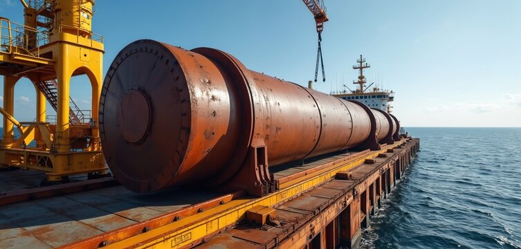 Large steel pipes on barge, crane prepares to lift. Offshore wind farm construction begins. Heavy industry vessel navigates blue sea. Energy project work progresses.