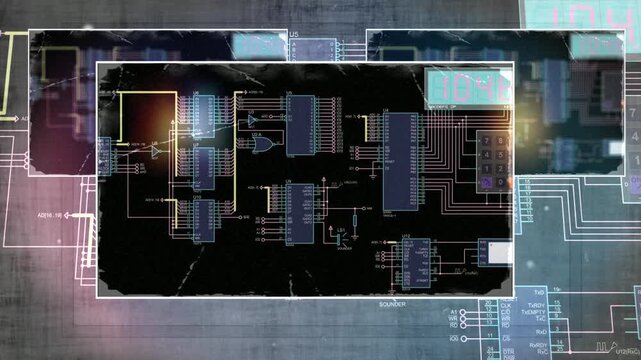 Video animation with schematic diagram of electronic device. Drawing electrical circuit with resistor, 
microcontroller, integrated circuit, logic element.
Animated motion effect. Technic design.
 
