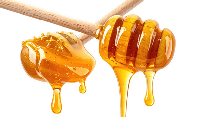 Close-up image features two wooden honey dippers, each glistening with viscous, golden liquid dripping onto a dark background