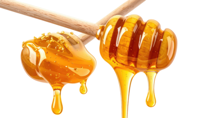 Close-up image features two wooden honey dippers, each glistening with viscous, golden liquid dripping onto a dark background