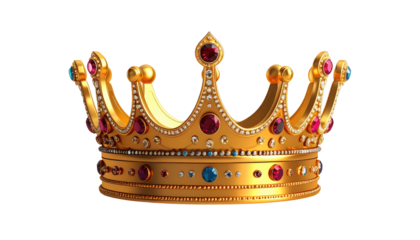 A regal golden crown with multiple sparkling jewels in shades of red, blue, and clear, positioned against a dark backdrop