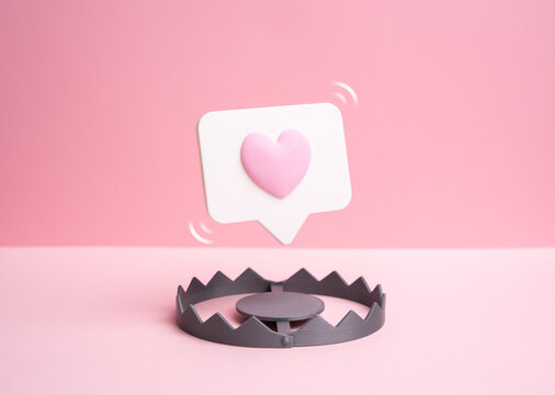 A love message as bait for a trap. Online dating and scammers. Digital fraud and emotional manipulation. Cybersecurity awareness, social media safety education and psychology.